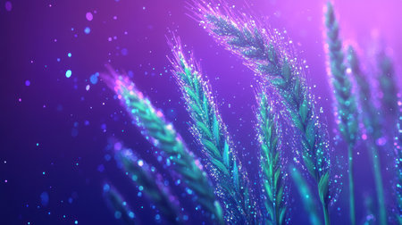 Close-up of grass in the style of glitch art, with neon blue and green colors, high contrast, a purple background, video noise, glitch effect, a surreal and dreamy atmosphere, intricate details, and depth blur. --chaos 30 --ar 16:9 --v 6.1 Job ID: e38659e8-8a44-4c4f-98a7-07b64b5b45ffの素材