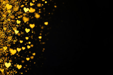 A blurred background of small yellow hearts glowing against a black backdrop, creating an enchanting and romantic atmosphere for Valentine's Day or love-themed projects. High-quality photo with copy space on the right side to add text or design. Black background, real photography style taken using a Canon EOS R6 camera with a Canon sharp lens. --ar 3:2 --v 6.1 Job ID: 1b69a81c-d12d-4974-aec2-0d987dd9b86aの素材