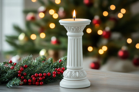 A candle is placed on the table, surrounded by evergreen branches and red berries. In front of it stands an elegant white pillar with burning flames. The background features blurred lights from a Christmas tree in soft focus. This scene creates a warm atmosphere for celebrating festive moments during the Christmas season. --ar 3:2 --v 6.1 Job ID: e3a8da95-7d33-4851-bf81-37cdb60d23fdの素材