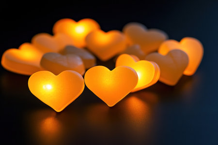Photograph of multiple small glowing hearts on a black background with a bokeh effect. --ar 3:2 --v 6.1 Job ID: b4e9557c-1c28-4280-af20-1d02a597d073の素材