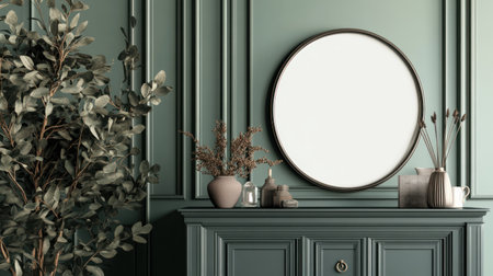 Photo of a blank frame on the wall near an antique dresser, with sage green walls and a plant in focus. Web banner with copy space. --chaos 30 --ar 16:9 --v 6.1 Job ID: 3472fc26-99f5-46d6-878a-172bc48114f3の素材