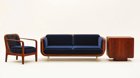 White wall background, living room with blue sofa and wooden coffee table, vintage chair and sideboard, pastel color palette, natural light, minimalist style, interior design concept, 3D rendering illustration, high-resolution photography, detailed texture, natural lighting, professional product shot, white space around all sides of the frame. --chaos 30 --ar 16:9 --v 6.1 Job ID: eec11f6a-93db-490e-8179-11a42b576849の素材