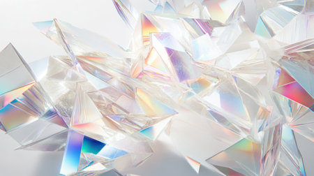 A close-up of an iridescent white plastic bag, its surface reflecting rainbow light in the sunlight. The focus is on the intricate details and textures that give it depth and realism. In the background is a simple, plain white wall, creating a stark contrast with the vibrant colors of the holographic effect. The composition emphasizes the interplay between light and shadow to highlight the unique features of the material. White aesthetic, hyper-realistic photography in the style of photorealism. --chaos 30 --ar 16:9 --v 6.1 Job ID: 640fffc3-a1c7-4c39-9b3f-44bc6ab8b3cfの素材