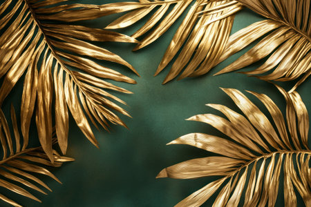 A close-up of golden palm fronds on a green background, styled in the style of Yves Saint Laurent's iconic gold leaf photography. The leaves should be perfectly rendered with intricate details and shimmering textures, set against an elegant dark emerald backdrop that enhances their opulence. This composition creates a visually stunning scene that captures attention and conveys luxury through meticulous design. --ar 3:2 --v 6.1 Job ID: 74762631-1033-4fe6-b1af-7fed3e7d4225の素材
