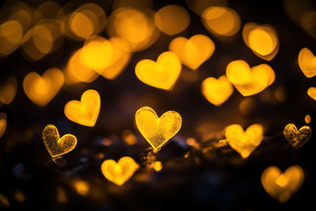 Photograph of multiple tiny glowing yellow hearts on a black background, macro shot, highly detailed, with a bokeh effect. --ar 3:2 --v 6.1 Job ID: 81ba567f-cbea-41d7-b701-a55eeb958a01の素材