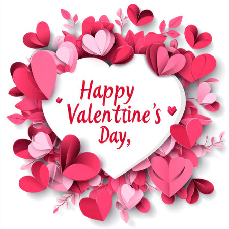 "Happy Valentine's Day," written in the middle of an elegant background with red and pink paper hearts, clipart, PNG white background, vector illustration, 2D flat style, no text, high resolution, high quality, professional t-shirt design. --v 6.1 Job ID: 86ed2255-c7d0-4fec-a65c-253c04ee3bafの素材