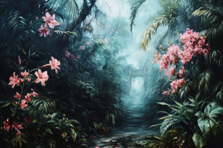 A fantasy background for a photo backdrop, featuring an enchanted forest with pink flowers and green leaves. The scene includes a misty atmosphere, a path through the jungle leading to hidden ruins, and lush foliage. Digital art style, painted in the style of oil on canvas. --ar 3:2 --v 6.1 Job ID: 9ac0593c-a0c8-481e-b140-df02cc51c791の素材