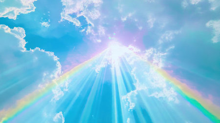 A white, rainbow-colored light with a blue background, a soft and dreamy atmosphere, ethereal light effects, blurred edges, iridescent, rainbow colors, and a holographic appearance. --chaos 30 --ar 16:9 --v 6.1 Job ID: 910b97b5-00c1-4d26-bd9d-bdcb2a2fa28dの素材