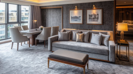 Photograph of a modern living room with a gray sofa and armchair, a dining table and chairs in the background. The walls have dark wallpaper, creating an elegant atmosphere. On one side is a window overlooking the street. There is carpet on the floor and soft lighting from lamps above. Minimalist style. Captured with a Canon EOS camera with a wide-angle lens. Soft focus. In a spacious apartment with large windows and natural light streaming through them. Modern home decor. --chaos 30 --ar 16:9 --v 6.1 Job ID: d3f53ac8-c126-43e5-a759-061bf1c0f33fの素材