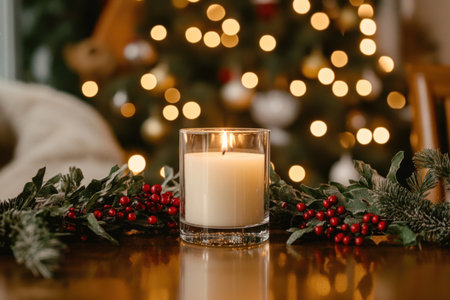 A candle is placed on the table, surrounded by evergreen branches and red berries. In front of it stands a Christmas tree with twinkling lights in the background. The atmosphere exudes warmth and joy as if celebrating Christmas. --ar 3:2 --v 6.1 Job ID: ca6b40e7-e7db-4906-be2b-f82e737307dfの素材