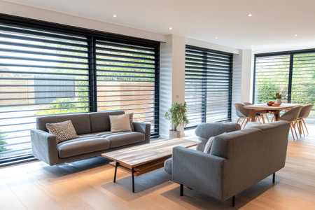 Photograph of a Scandinavian-style living room with double-height ceilings, featuring two grey sofas and a wooden table in the center on a light wood floor. The large window is covered by black blinds, creating an open feel. There is also a dining area on the right side with white walls and natural lighting. --ar 3:2 --v 6.1 Job ID: c46b612f-f061-4d8b-b711-b62daf786141の素材
