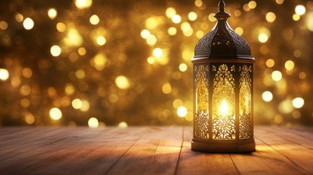 Photo of an ornate lantern glowing with warm light, Ramadan concept background, blurred lights in the dark background, bokeh effect. --chaos 30 --ar 16:9 --v 6.1 Job ID: 741edaa7-966f-421d-affe-d654b0eeac84の素材