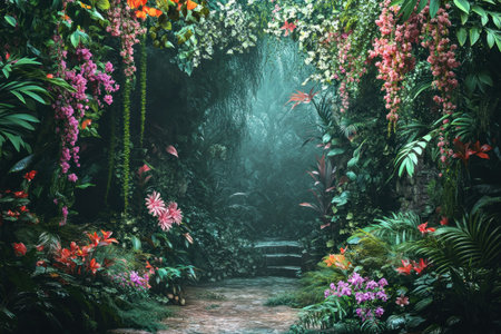 Digital Backdrop: Jungle digital backdrop for photography, featuring a lush jungle with vibrant flowers and vines, a fantasy forest setting, a color scheme of pink and green, a digital background with cinematic lighting, high resolution, and a hyper-realistic, detailed, and beautiful aesthetic. --ar 3:2 --v 6.1 Job ID: 1bf41e8e-d45e-40aa-8fcc-f61755370645の素材