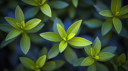 A close-up of green leaves, symbolizing nature and health. The background is a dark blue with blurred plants in the foreground. --chaos 30 --ar 16:9 --v 6.1 Job ID: ec624c04-3169-4923-af77-3283a251875bの素材