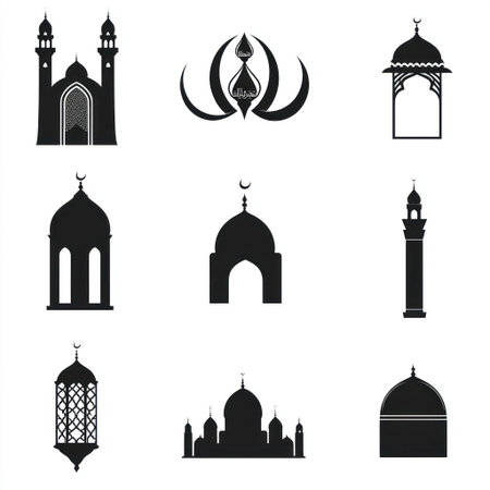 Vector flat icon set of Muslim symbols and elements isolated on a white background, black color icons with simple shapes like a mosque window, crescent moon, lantern silhouette, prayer rug, or book in the shape of a half circle or arches. Minimalistic vector illustration for web design, print materials, or posters. --v 6.1 Job ID: f94938cb-4def-4c94-b23a-9be727a7817eの素材