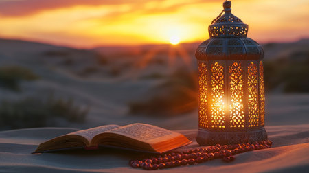 Photo of an Arabic lantern, rosary beads, and a book on a desert background with copy space for text. Shot with a Nikon D850 and a 24-70mm f/2.8 lens at an aperture setting of f/3, using natural lighting. This is a hyper-realistic, ultra-detailed photograph. --chaos 30 --ar 16:9 --v 6.1 Job ID: da28ea97-f440-469b-a715-c542b7ec3717の素材