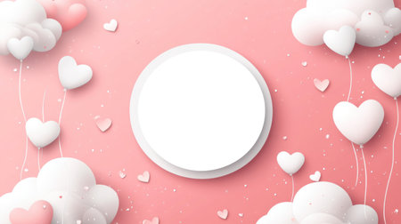 Cute pink background with white clouds and hearts for a Valentine's Day celebration, a white circle in the center of the frame, vector illustration, flat design, simple shapes, a pink color palette, white heart-shaped balloons flying around, pastel colors, a cute and romantic style, no text or letters, suitable for digital art graphic design, flat design vector, digital artwork, vector graphics, vector illustrations. --chaos 30 --ar 16:9 --v 6.1 Job ID: ce969827-8ffa-402b-8778-dfd87bf3db2eの素材