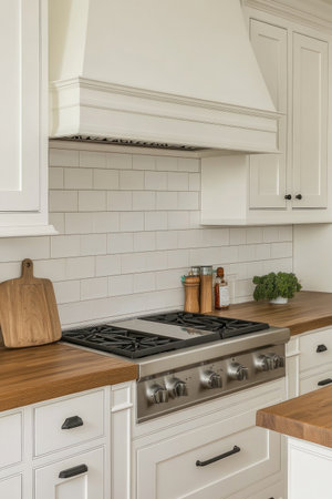 Photograph of white kitchen cabinets with a wooden countertop. The wall is covered in subway tiles. The sink and stove are on the right side, in a straight-on, frontal view. --ar 2:3 --v 6.1 Job ID: 00c44717-8064-4064-9618-8eabc6c9f417の素材