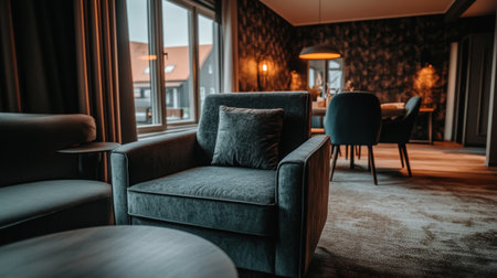 Photograph of a modern living room with a gray sofa and armchair, a dining table and chairs in the background. The walls have dark wallpaper, creating an elegant atmosphere. On one side is a window overlooking the street. There is carpet on the floor and soft lighting from lamps above. Minimalist style. Captured with a Canon EOS camera with a wide-angle lens. Soft focus. In a spacious apartment with large windows and natural light streaming through them. Modern home decor. --chaos 30 --ar 16:9 --v 6.1 Job ID: d3f53ac8-c126-43e5-a759-061bf1c0f33fの素材