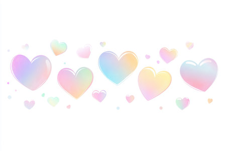 Minimalist vector art of cute pastel rainbow hearts on a white background, with simple shapes, smooth and curved lines, pastel colors, gradients, holographic iridescent foil, minimalism, flat illustration, clipart, 2D graphics, high detail, hyper quality, high resolution, high definition. --ar 3:2 --v 6.1 Job ID: cb3b3200-67ac-4b1f-ab98-6b7279eff70dの素材