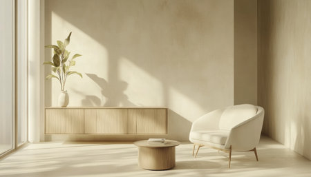 Minimalist white living room interior with an armchair, coffee table, and potted plant on a wooden cabinet near a window. This is a 3D rendering of a modern home design mockup background template for presentation. The scene features a simple, empty wall in neutral tones. --ar 79:45 --v 6.1 Job ID: 5ff74d9e-02f9-4431-8e1b-9578c6cf75a4の素材