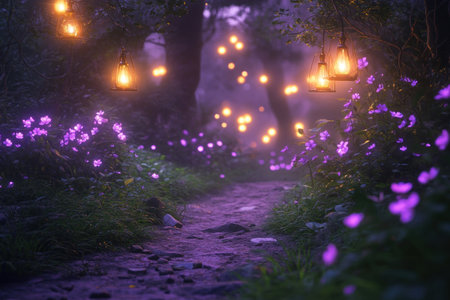 Magical forest path, with fantasy purple glowing flowers and lanterns, in a dreamy evening atmosphere, in the style of Pixar animation. Cinematic lighting, high-resolution photography, with high-quality details and high sharpness and contrast. --ar 3:2 --v 6.1 Job ID: a3698b45-295b-4329-ad8f-d483f9d06a46の素材