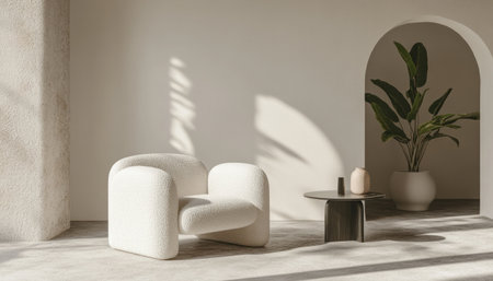 Modern living room interior with white walls and furniture mockup, 3D rendering. Bright home design background with copy space for product presentation. Minimalist style of empty, clean wall with an armchair, table, and plant. --ar 79:45 --v 6.1 Job ID: a2050179-cd5f-44ef-9c1d-fb8a1ef52d8fの素材