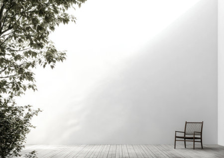 Photo of a minimalist room with white walls and wooden flooring, featuring an armchair in the center. The background is blank, allowing for text or product display. There is also some greenery on the left side of the photo. --ar 7:5 --v 6.1 Job ID: 95ba4e7c-dec0-4581-bca0-71f17d84a26cの素材