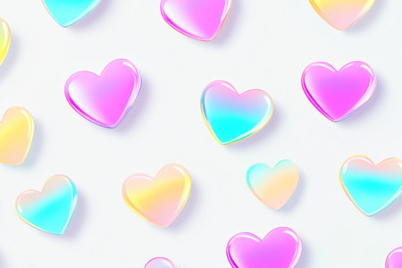 Minimalist vector art of cute pastel rainbow hearts on a white background, with simple shapes, smooth and curved lines, pastel colors, gradients, holographic iridescent foil, minimalism, flat illustration, clipart, 2D graphics, high detail, hyper quality, high resolution, high definition. --ar 3:2 --v 6.1 Job ID: cb3b3200-67ac-4b1f-ab98-6b7279eff70dの素材