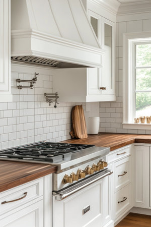 Photograph of white kitchen cabinets with a wooden countertop. The wall is covered in subway tiles. The sink and stove are on the right side, in a straight-on, frontal view. --ar 2:3 --v 6.1 Job ID: 00c44717-8064-4064-9618-8eabc6c9f417の素材