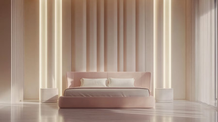 White wall background, bedroom with a pink bed and white side tables, minimalist style, interior design photography, photorealism, high resolution, ultra-realistic, highly detailed --chaos 30 --ar 16:9 --v 6.1 Job ID: 639fea3c-9f40-4110-bc76-360db3ae3bb8の素材