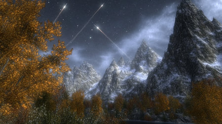 A night sky with meteors streaking across the stars, illuminating mountains and forests below. The focus is on two shooting stars of light from nearby comets in space, in the style of a cinematic style. --chaos 30 --ar 16:9 --v 6.1 Job ID: 240ead2e-578a-4250-8e1d-e72aba499671の素材