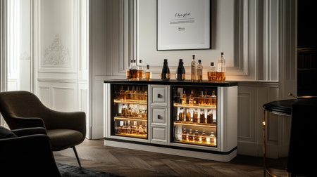 White sideboard with three drawers and two doors, white wall in the background, cozy chair, modern interior design, soft lighting, minimalist style, white frame on top of the cabinet, white poster hanging above the sideboard, minimal furniture. --chaos 30 --ar 16:9 --v 6.1 Job ID: 48e6710a-6167-487d-8d15-4550bf9274f9の素材