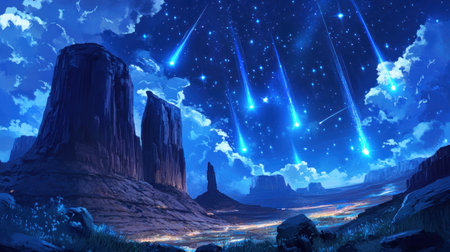 A breathtaking view of the night sky with meteors streaking across, creating an enchantment of light and magic in nature. The dark background highlights shooting stars against the backdrop of the deep blue night sky. A sense of wonder is felt as you gaze at this celestial spectacle. --chaos 30 --ar 16:9 --v 6.1 Job ID: fabd331d-413b-46b1-8ae7-2af6f27a1d58の素材