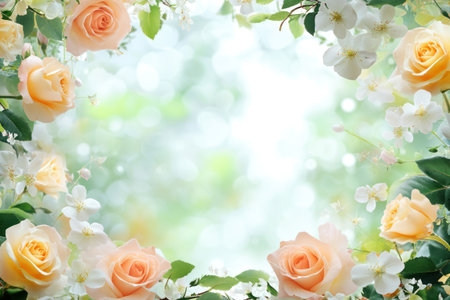 A delicate floral frame with peach and yellow roses, white flowers, green leaves, and an ethereal background. The flowers create a lush border around the edges of the image, giving it a dreamy feel. This design would be suitable for a romantic or whimsical setting. --ar 3:2 --v 6.1 Job ID: 38b815d2-aa7c-416e-9091-da80b469a456の素材