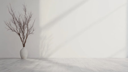 Photo of a minimalist room with white walls and light gray wooden flooring, featuring an empty wall for text or product display mockup, and a vase holding dry branches on the left side. --chaos 30 --ar 16:9 --v 6.1 Job ID: ec5a70ef-8770-4b85-afb1-5e522073968dの素材