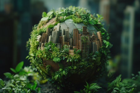 A globe with greenery and sustainable buildings, symbolizing environmental sustainability for World Wildlife Day. --ar 3:2 --v 6.1 Job ID: 71a1201a-3957-441a-b109-811bbd0cf6a4の素材