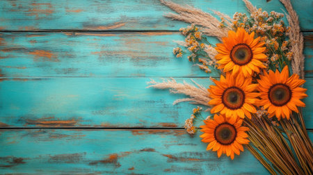 Photo of a bouquet with sunflowers, chrysanthemums, and decorative grass on the right side against a turquoise background. Web banner with copy space on the left. --chaos 30 --ar 16:9 --v 6.1 Job ID: b620443f-695c-4ea1-aa0a-a79395cd044dの素材
