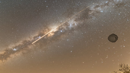 A massive meteorite streaks across the night sky, leaving behind a brilliant trail of light and fire as it falls to earth. A large asteroid is seen in profile from afar, creating an epic atmosphere. The background features stars that form part of the Milky Way galaxy. --chaos 30 --ar 16:9 --v 6.1 Job ID: 4f4e8c57-8204-4ed5-923d-73bac36e5200の素材