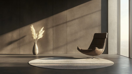 Photo of a brown wall with an armchair and vase on the floor, a round rug in front of it. Web banner with copy space on the right --chaos 30 --ar 16:9 --v 6.1 Job ID: fec91f89-4775-487d-8755-bdc6fb4527a9の素材