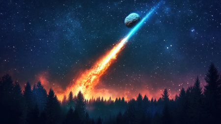 A massive meteorite is streaking across the night sky, leaving behind an orange trail of fire and smoke as it falls to Earth. The asteroid has bright white edges with blue highlights on its upper part. In front of the forest below, there's a starry background with countless stars twinkling in the dark night sky. --chaos 30 --ar 16:9 --v 6.1 Job ID: 696d5b17-952a-45e1-b9d7-f3ee63550fdcの素材