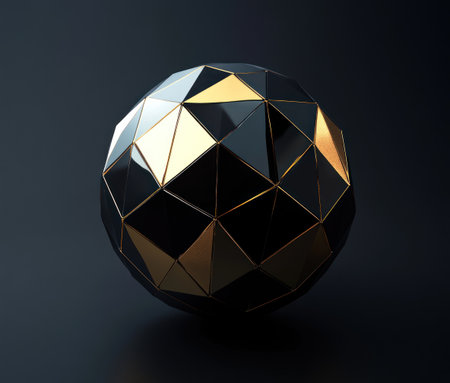 Low-poly black and gold geometric sphere, dark background, 3D render, created in Cinema 4D and Blender. --ar 7:6 --v 6.1 Job ID: e85e0899-082e-447a-8f95-3a5de61927dcの素材