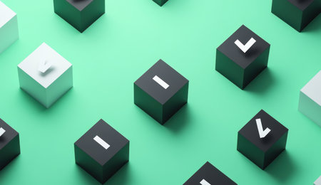 Cute isometric black and white checkmark icons floating on a green background, with simple shapes and a minimalistic design in a cute style, 3D rendered. --ar 26:15 --v 6.1 Job ID: ffde7989-02b1-4982-9799-8d8d93537148の素材