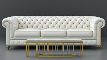 Photorealistic mockup of a white leather sofa with two side tables against a dark grey wall, and a gold coffee table in the foreground. --chaos 30 --ar 16:9 --v 6.1 Job ID: ba552f25-6792-4139-8104-2336df2c297aの素材