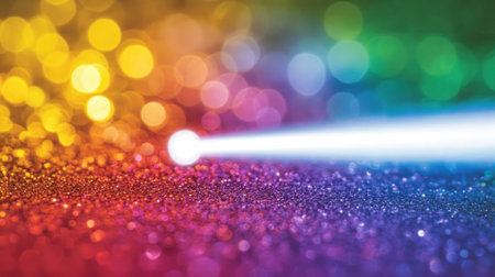 Close-up of a white light beam on the right side, blurred rainbow iridescent background, dreamy, ethereal, pastel colors, minimalistic, beautiful, aesthetic. --chaos 30 --ar 16:9 --v 6.1 Job ID: 06e89346-b3ad-42bd-a36c-9d7a5cbf40d8の素材