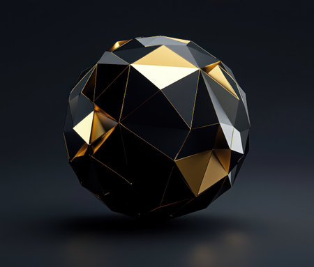 Low-poly black and gold geometric sphere with sharp edges, 3D render, dark background, created in Cinema 4D, in the style of Blender, high resolution. --ar 7:6 --v 6.1 Job ID: b5719965-ffbc-42e7-a81f-af57fdf99331の素材
