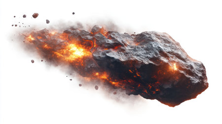 Huge, burning asteroid flying in isolation against a white background, PNG image. --chaos 30 --ar 16:9 --v 6.1 Job ID: d774c714-f83a-495d-8fe3-586ef10b9771の素材