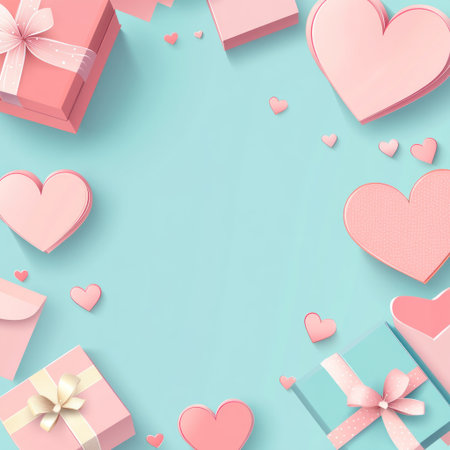 Happy Valentine's Day background with paper-cut hearts and gift boxes, vector illustration. Isolated on a pastel background, clip art for commercial use, with white space in the middle of the composition to add text later. --v 6.1 Job ID: db0395af-d83b-4baa-a377-f1699d030abeの素材