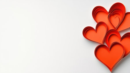 A white background with paper-cut hearts on the right side, creating an elegant and romantic Valentine's Day atmosphere. The red edges of each heart add contrast to the light gray backdrop, making it perfect for graphic design or digital art. The focus is on the hearts. --chaos 30 --ar 16:9 --v 6.1 Job ID: b3767872-973e-48af-b6c9-20205c492d9bの素材