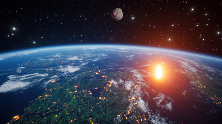 A massive asteroid is approaching Earth, casting an orange glow as it sits in the vastness of space. The Earth looms large below with its blue oceans and lush greenery visible against the black background. An explosion from the impact creates bright red flames around the meteorite. --chaos 30 --ar 16:9 --v 6.1 Job ID: 7f18f6d6-4ddb-4cd1-9b1d-6fb3fb2c7ff6の素材